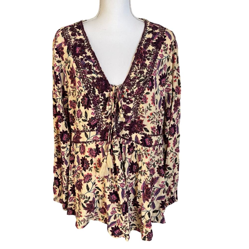 torrid Cream Floral Peasant Blouse with Purple Accents